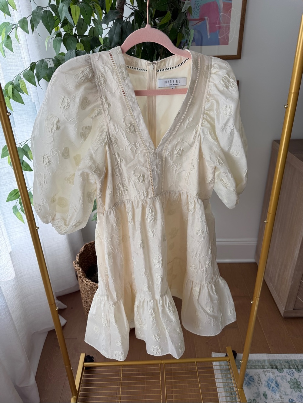 HUNTER BELL Cream Embroidered Puff-Sleeve Mini Dress